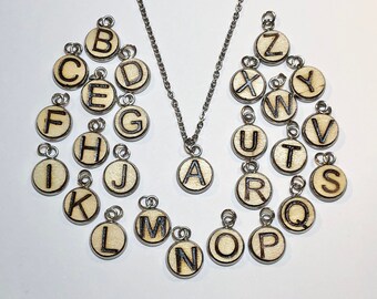 Initial disc necklace, custom letter necklace, tiny monogram necklace, personalized pendant necklace, wood burned alphabet letter necklace