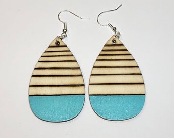 Aqua blue teardrop earrings, wood burned earrings, lightweight dangle earrings, statement wooden jewelry, earring birthday gift for women