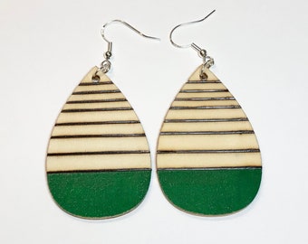 Dark green teardrop earring, woodburned earring, lightweight dangle earring, green wood earring, geometric earring, birthday gift for women