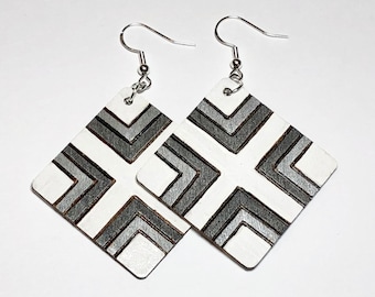 White and gray wooden earrings, square wood burned design, lightweight dangle earrings, unique geometric statement earring