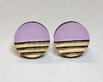 Lavender stud earring, small woodburned earring, simple wooden earring, circle stud, light purple stud earring, teenage girl birthday gift