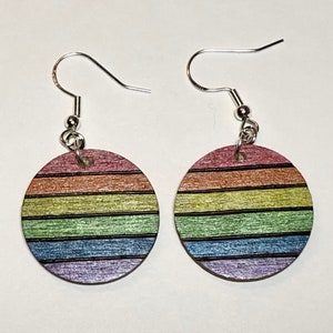 Circle rainbow earrings, wood burned statement earrings, lightweight dangle earrings, teenage girl jewelry, rainbow baby gift for women