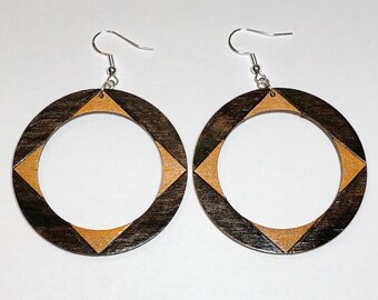 Black wooden hoop earrings, bronze lightweight dangle earrings, minimalist statement circle woodburned earring, neutral wood 2 inch hoops