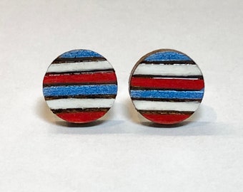 Patriotic stud earrings, 4th of July wood burned earrings, red white blue stud earrings, American flag wooden jewelry, small woodburned stud