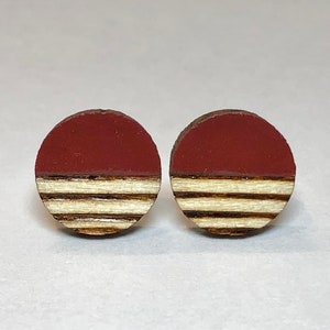 Maroon stud earrings, woodburned earring, dark red earring, burgundy wood earring, wine red earring, teenage girl birthday gift for women