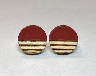 Maroon stud earrings, woodburned earring, dark red earring, burgundy wood earring, wine red earring, teenage girl birthday gift for women