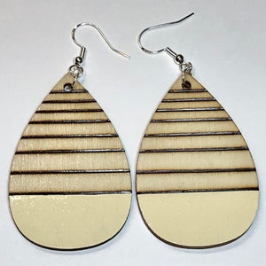 Cream teardrop earring, woodburned earring, lightweight dangle earring, beige wood earring, geometric earring, birthday gift for women