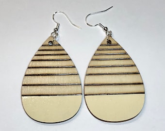 Cream teardrop earring, woodburned earring, lightweight dangle earring, beige wood earring, geometric earring, birthday gift for women