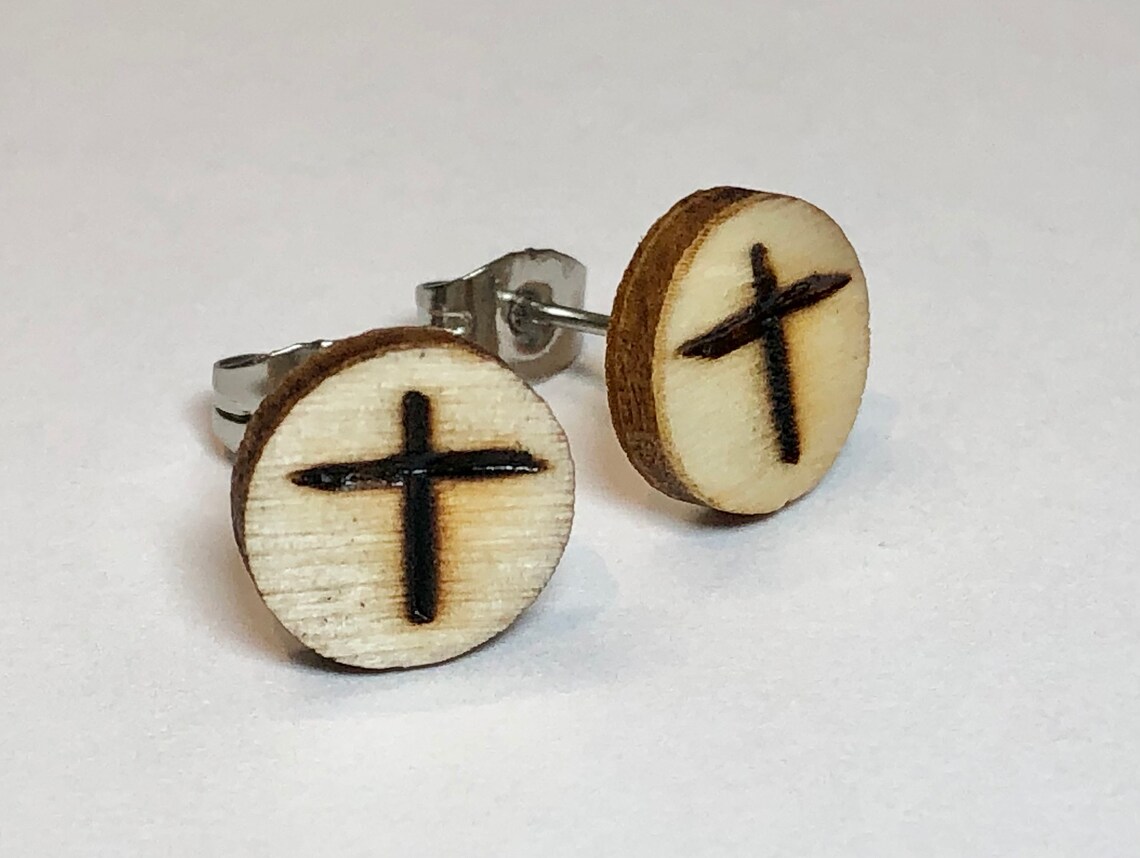 Cross wood stud earrings baptism jewelry gift girl Etsy
