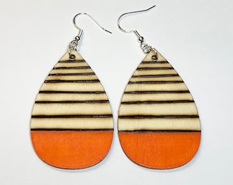 Orange teardrop earrings, wood burned earrings, lightweight dangle earring, orange wood earring, statement earrings, birthday gift for women