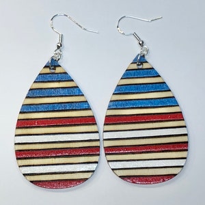 Patriotic teardrop earrings, 4th of July wood burned earrings, red white blue lightweight dangle earrings, American flag wooden jewelry