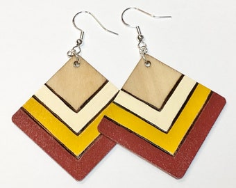 Maroon wooden earrings, cream square wood burned design, mustard yellow lightweight dangle earrings, unique geometric statement earring