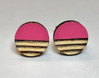 Bright pink stud earring, small woodburned earring, simple wooden earring, pink circle stud, cheery stud earring, teenage girl birthday gift