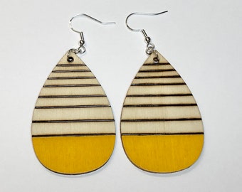 Mustard yellow teardrop earrings, woodburned earrings, lightweight dangle earring, yellow wood earrings, cheerful birthday gift for women