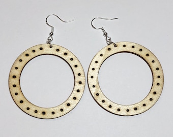 Natural birch hoop earrings, lightweight dangle earrings, woodburned circle earring, neutral wood 2 inch hoops, Joanna inspired earrings