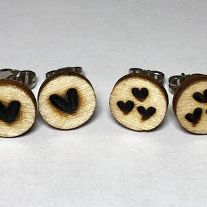 Lightweight heart earrings, handmade woodburned jewelry, natural wood stud earrings, love earrings, wood burned little girl gifts for women
