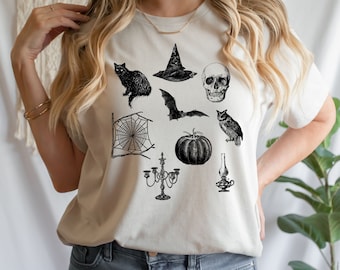 Halloween Doodles Vintage Halloween Shirt Fall Apparel Witchy Clothing Witchy Clothes Fall T-Shirt Short Sleeve Halloween Vintage Tshirt