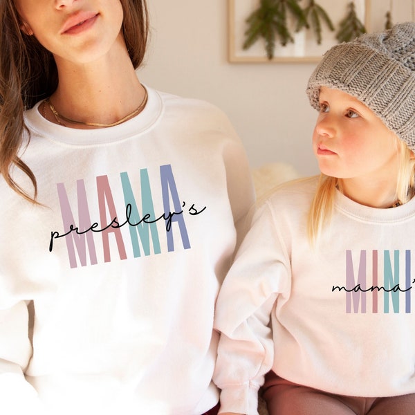 Personalized Mommy And Me Sweatshirts, Retro Mama & Mini Outfits,New Mom To Be,Custom Matching Mom Shirts,Kid Baby Unisex Crewneck