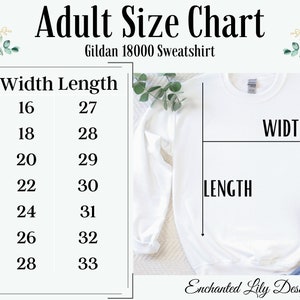 May include: A size chart for Gildan 18000 sweatshirts, showing width and length measurements in inches for sizes XS to 3XL.