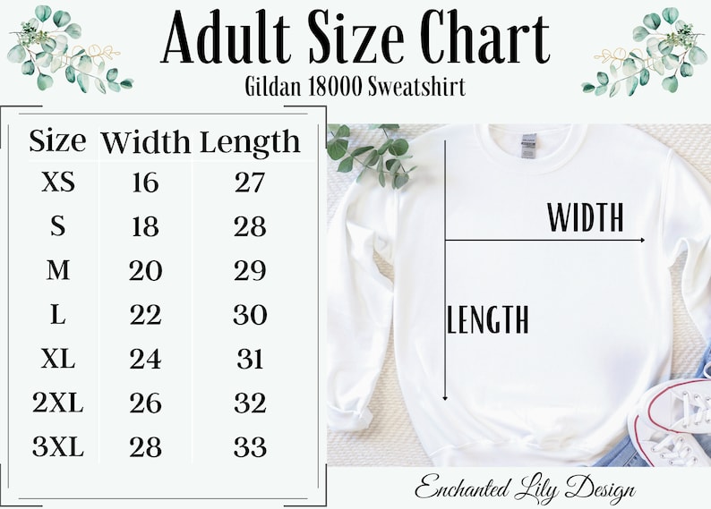 May include: A size chart for Gildan 18000 sweatshirts, showing width and length measurements in inches for sizes XS to 3XL.