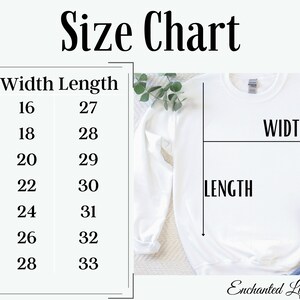 May include: Size chart for a white sweatshirt with measurements in inches for width and length. The chart shows sizes XS through 3XL with corresponding width and length measurements.