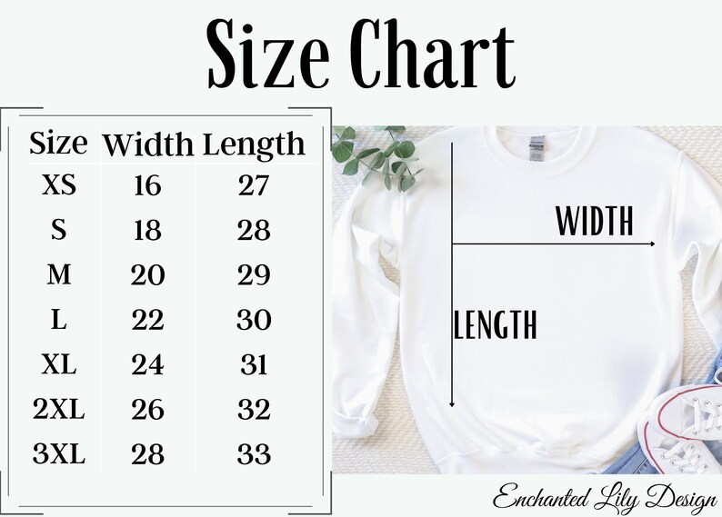 May include: Size chart for a white sweatshirt with measurements in inches for width and length. The chart shows sizes XS through 3XL with corresponding width and length measurements.