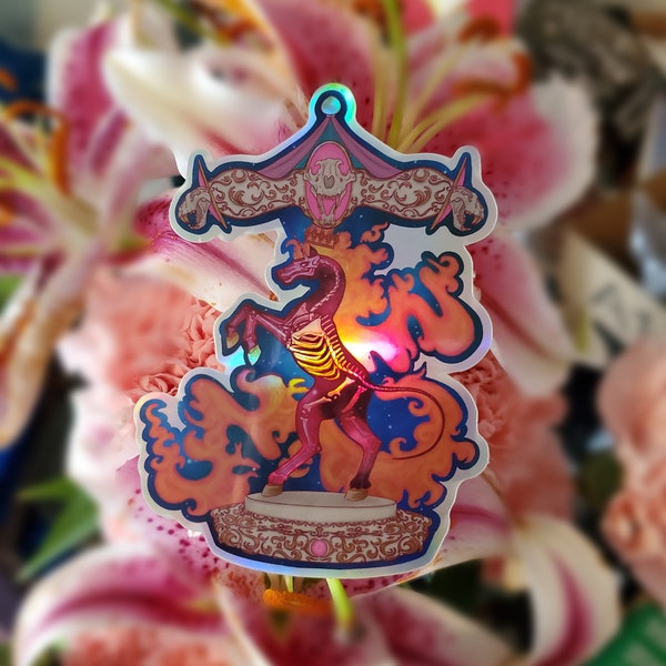 Firey Unicorn Skeleton Carousel Holographic Sticker