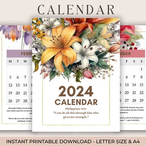 Calendario 2024 Floral, Mensual Imprimible, Versículo Bíblico, Impresión Tamaño A4 y Carta de EE. UU. en Casa PDF, Descarga Instantánea