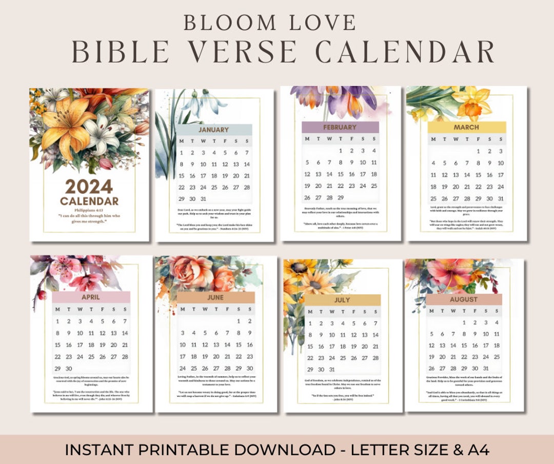 2024 Calendar Printable , Floral Monthly, Bible Verse, US A4 and Letter ...