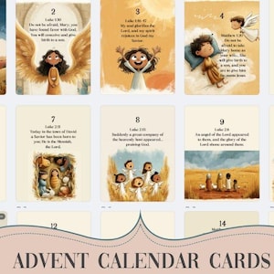 May include: Advent calendar cards featuring watercolor illustrations of biblical scenes and characters. Each card has a number and a corresponding Bible verse. The cards are arranged in a grid, with a banner at the bottom that reads "Advent Calendar Cards."