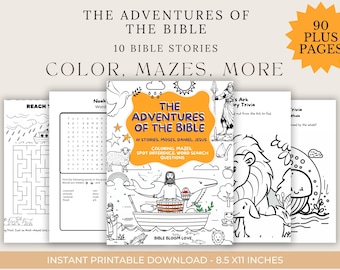 May include: A black and white printable activity book for children featuring 10 Bible stories. The cover shows a colourful illustration of a boat with a man and a whale. The book includes colouring pages, mazes, spot the difference, and word searches. The book is 8.5 x 11 inches.