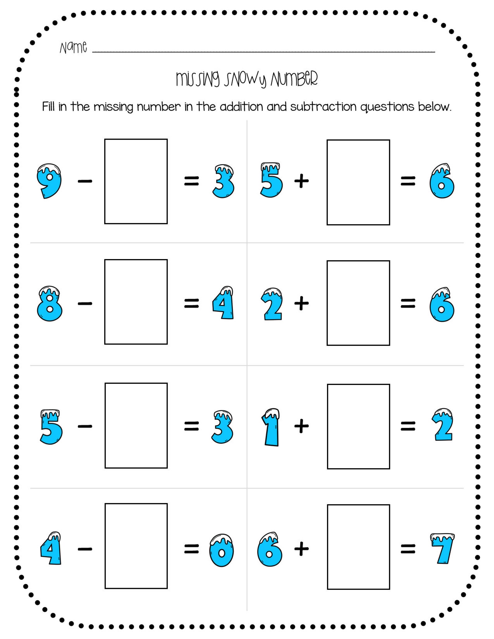 Printable Snowy Missing Number Addition And Subtraction Etsy
