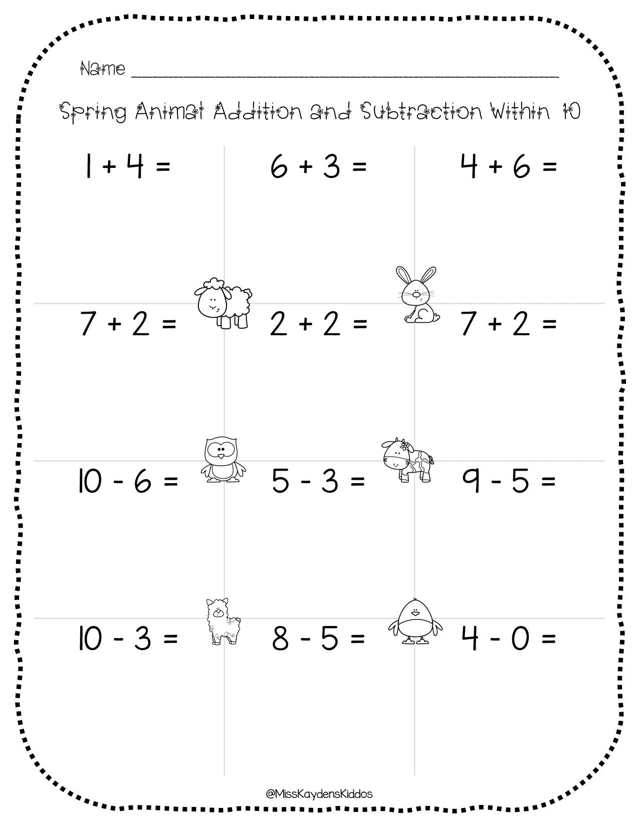 Animal themed math worksheets and subtraction
