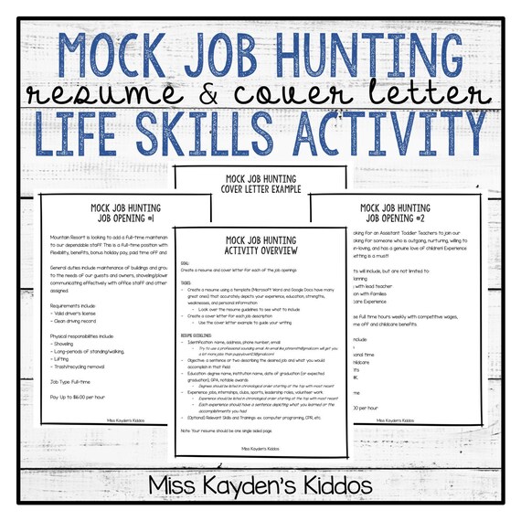 Printable Mock Job Hunting Resume and Cover Letter Life Skills Etsy