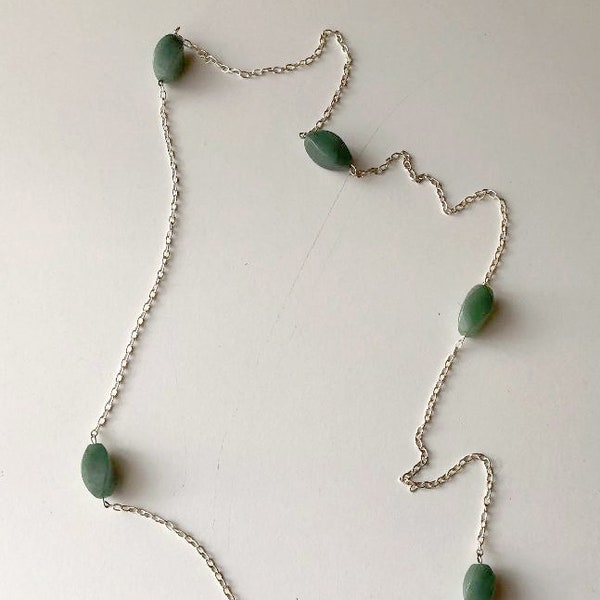 Aventurine necklace, semi precious stone, long necklace, wire wrapping, sterling silver, green stone