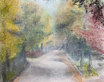 fog, oil painting, street view, trees,