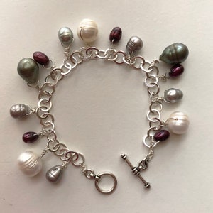 Pearl charm bracelet, fresh water pearl, sterling silver, multi color bracelet, wire wrapping jewelry