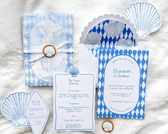 Coastal Wedding Invitation Template, Blue wedding invitation theme, Beach wedding theme, Blue Beach Whimsical, Hand drawn wedding invitation