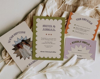 Retro Wedding Invitation, Colourful wedding invite, wedding announcement, wedding invite, Retro wedding Invitation, Editable Invitation