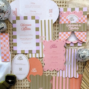 Suite de faire-part de mariage, faire-part de mariage ludique, mariage rétro, faire-part de mariage coloré, faire-part de mariage d'été et mariage de printemps