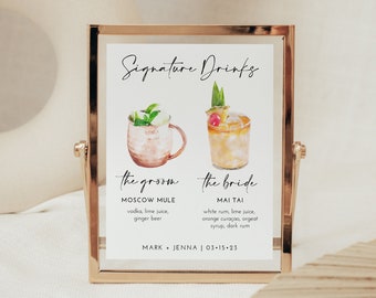 Signature Drinks Sign Template, Signature Cocktail Sign, Minimalist Wedding Bar Menu Sign, His and Hers Bar Sign, Editable Template, drink