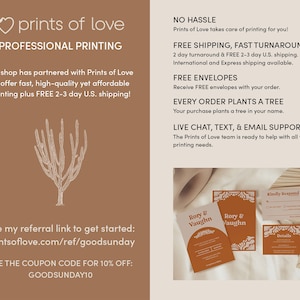 May include: A graphic design for a printing company called Prints of Love. The design features a cactus illustration, the company name, and the text "Professional Printing". The design also includes information about free shipping, fast turnaround, free envelopes, and a tree planting program.