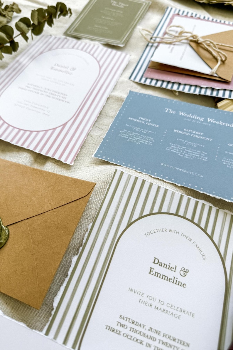 May include: Wedding invitation suite with a striped design in pink and green. The invitation features the names "Daniel & Emmeline" and the date "Saturday, June Fourteen Two Thousand Twenty Three O'Clock in the".
