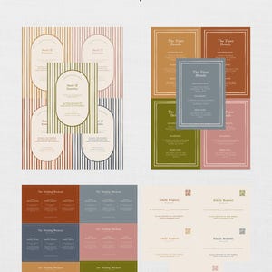 May include: Color options for wedding invitations with different color schemes. The color schemes include a striped pattern in red, pink, blue, and green. The text on the invitations includes "The Finer Details", "The Wedding Weekend", and "Kindly Respond".