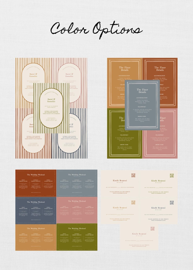 May include: Color options for wedding invitations with different color schemes. The color schemes include a striped pattern in red, pink, blue, and green. The text on the invitations includes "The Finer Details", "The Wedding Weekend", and "Kindly Respond".