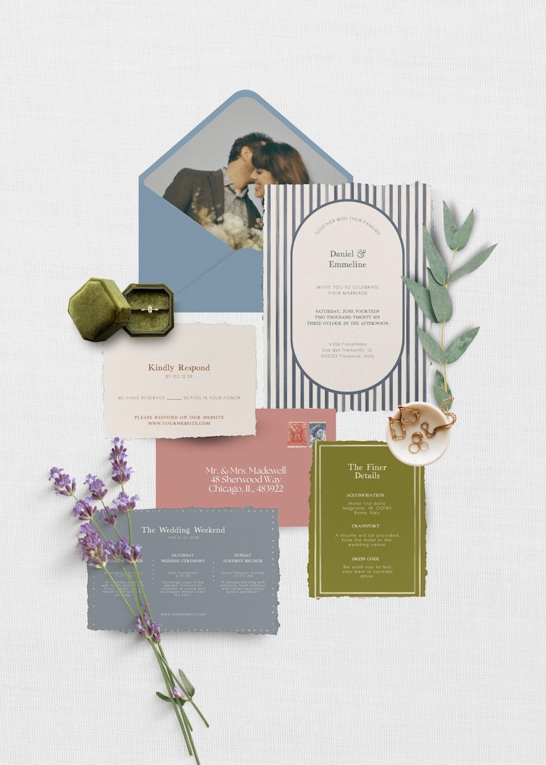 May include: Wedding invitation suite with a blue and white striped design. The invitation includes the names Daniel and Emmeline, the date and time of the wedding, and the location. The RSVP card is beige with brown text. The details card is green with gold trim and includes information about the wedding weekend.