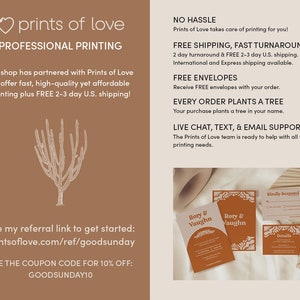 May include: A graphic design for a business called Prints of Love, offering professional printing services. The design features a cactus illustration, text that says "Prints of Love", "Professional Printing", "No Hassle", "Free Shipping, Fast Turnaround", "Free Envelopes", "Every Order Plants a Tree", "Live Chat, Text, & Email Support", and a sample wedding invitation with the text "Rory & Vaughn" and "Kindly Respond".