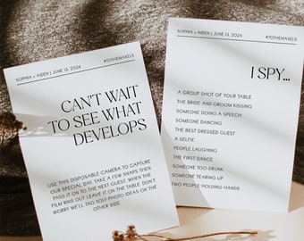 Disposable camera wedding sign, Wedding table sign ,wedding reception sign , i spy game editable, Wedding Games Table, Wedding table game