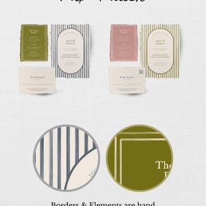 May include: Mix and match wedding invitation design elements.  The image shows four different invitation designs with different borders and text.  The text includes "The Time Details", "David & Emelia", and "Kindly Request".