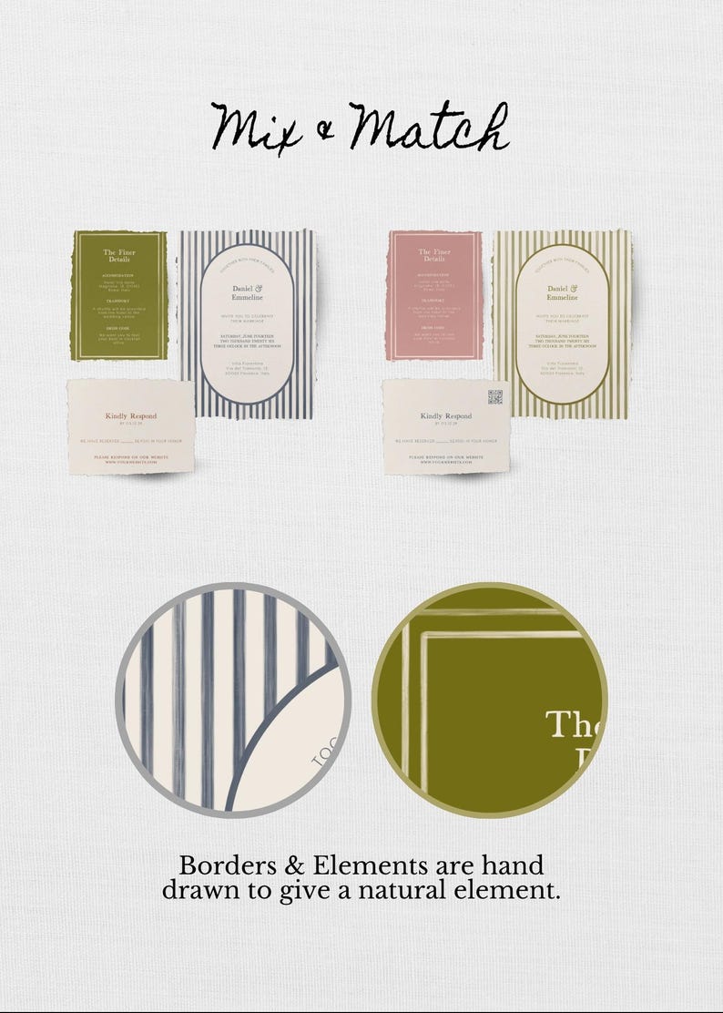 May include: Mix and match wedding invitation design elements.  The image shows four different invitation designs with different borders and text.  The text includes "The Time Details", "David & Emelia", and "Kindly Request".